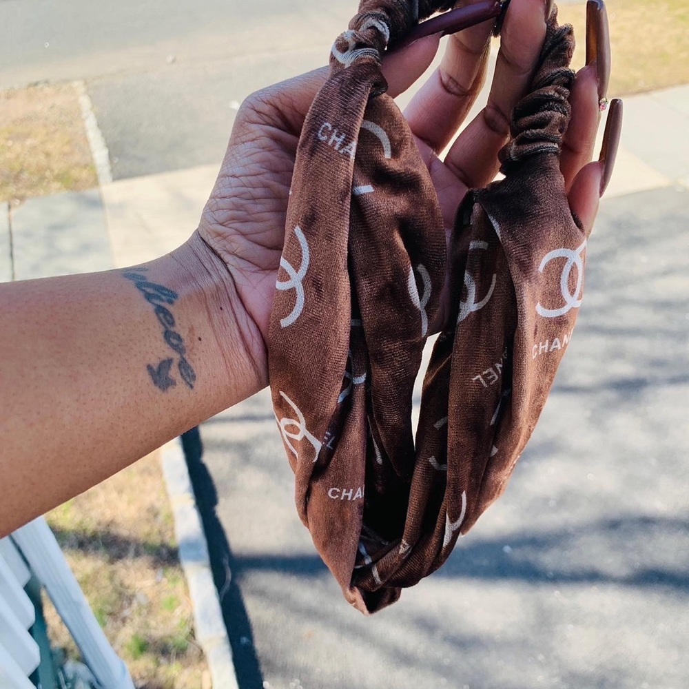 Designer Inspired Brown Hair Accessory with Logo Design